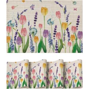 Artoid Mode Tulip Butterfly Lavendar Dandelion Spring Placemats Set of 4, 12×18 Inch Seasonal Holiday Table Mats for Party Kitchen Dining Decoration