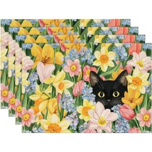 Artoid Mode Tulip Flowers Cat Spring Placemats Set of 4, 12×18 Inch Seasonal Summer Holiday Table Mats for Party Kitchen Dining Decoration(Multicolor)