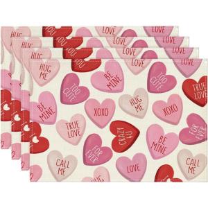 Artoid Mode Ture Love Heart Valentine Placemats Set of 4, 12×18 Inch Seasonal Table Mats for Party Kitchen Dining Decoration(Red/Pink)
