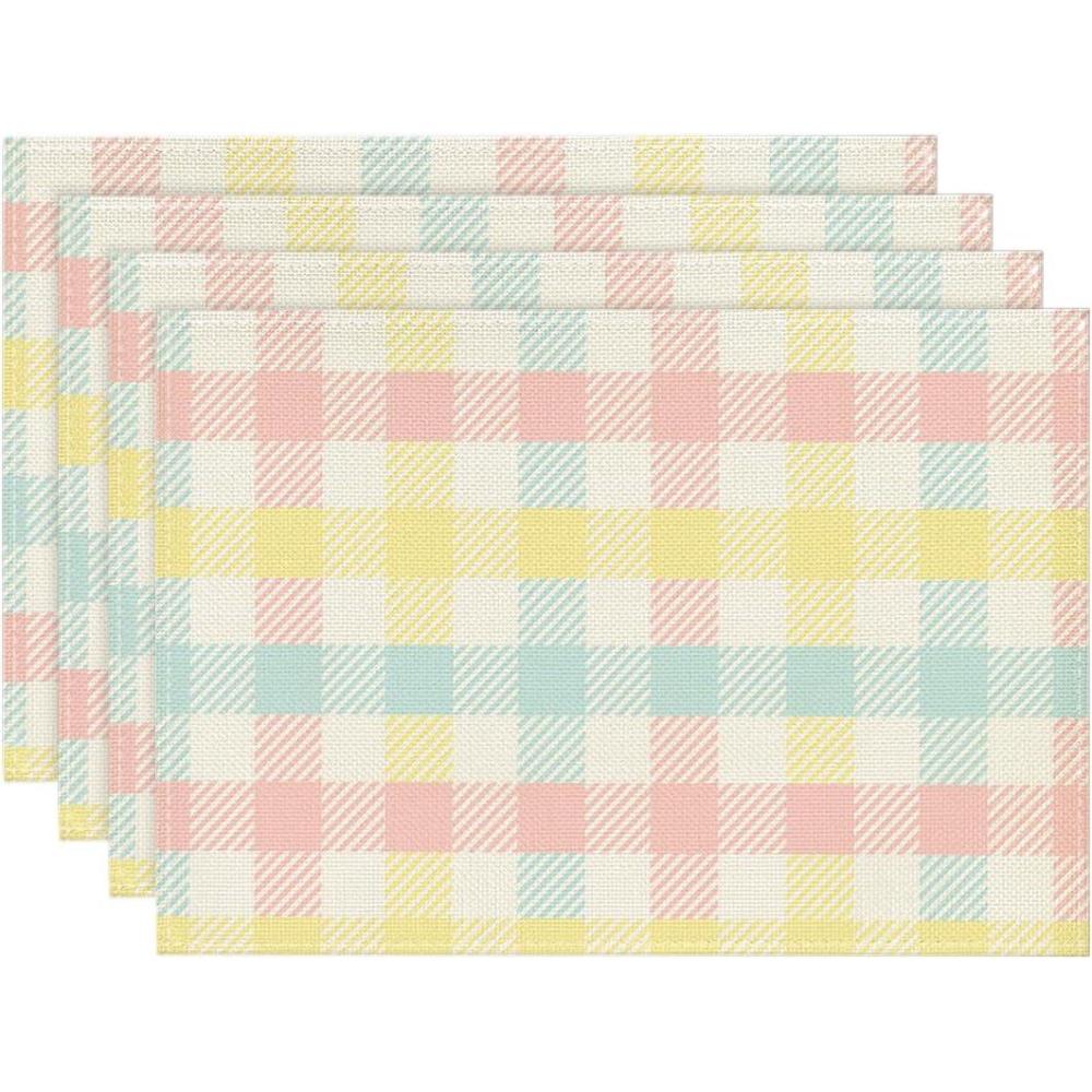 imageArtoid Mode Blue Pink Yellow Buffalo Plaid Placemats Set of 6 12x18 Inch Seasonal Easter Table Mats for Party Kitchen Dining DecorationPinkBlue