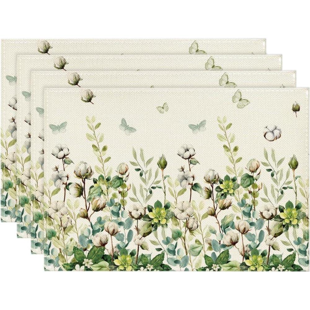 imageArtoid Mode Cotton Plant Leaf Butterfly Round Spring Placemats Set of 4 14 Inch Summer Round Table Mats for Dining DecorationBeige