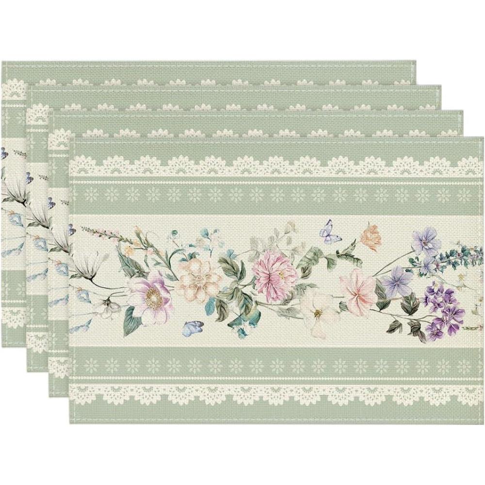 imageArtoid Mode Pink Printed Lace Floral Spring Placemats Set of 4 12x18 Inch Seasonal Summer Holiday Table Mats for Party Kitchen Dining DecorationGreen