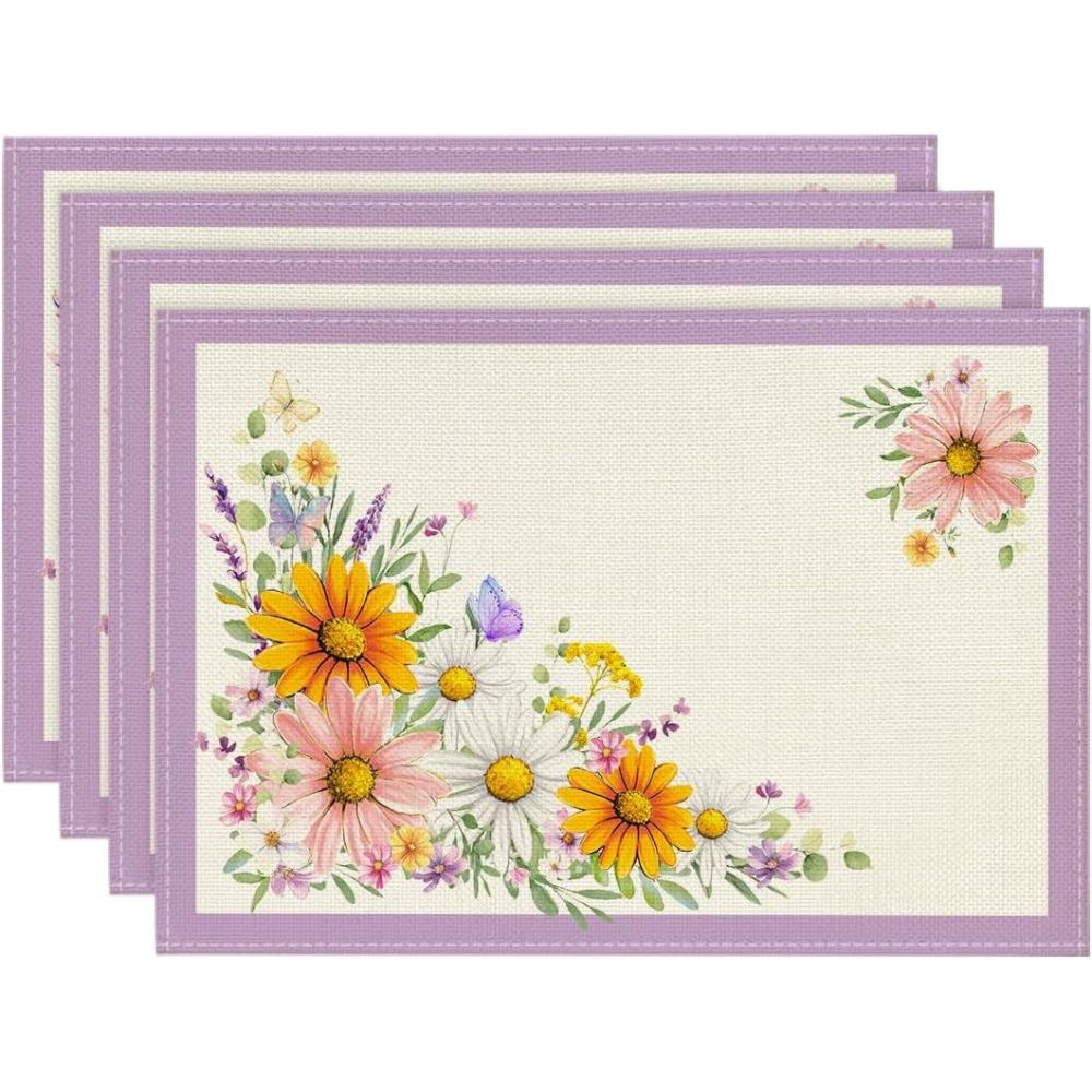 imageArtoid Mode Pink Sunflowers Butterfly Round Spring Placemats Set of 4 14 Inch Summer Round Table Mats for Dining DecorationPurple