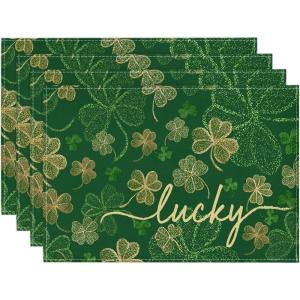 Artoid Mode Lucky Shamrocks Round St. Patrick’s Day Placemats Set of 4, 14 Inch Seasonal Clover Spring Round Table Mats for Kitchen Dining Decoration(Green)