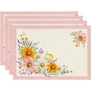 Artoid Mode Pink Sunflowers Butterfly Round Spring Placemats Set of 4, 14 Inch Summer Round Table Mats for Dining Decoration(Pink)