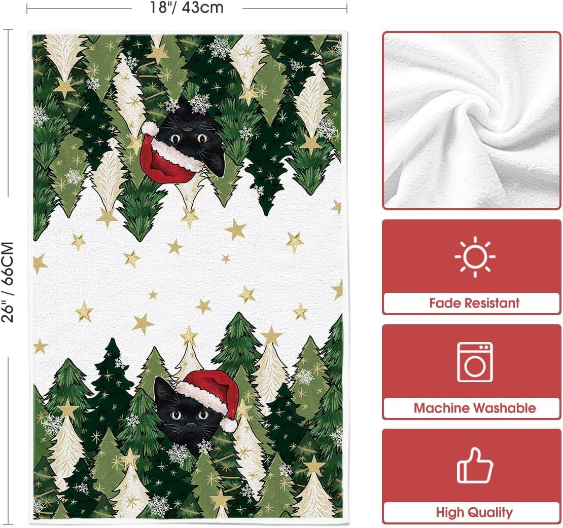 image:imageArtoid Mode Black Cat Star Xmas Tree Christmas Kitchen Towels Dish Towels 18x26 Inch Farmhouse Holiday Winter Decoration Cleaning Set of 2
