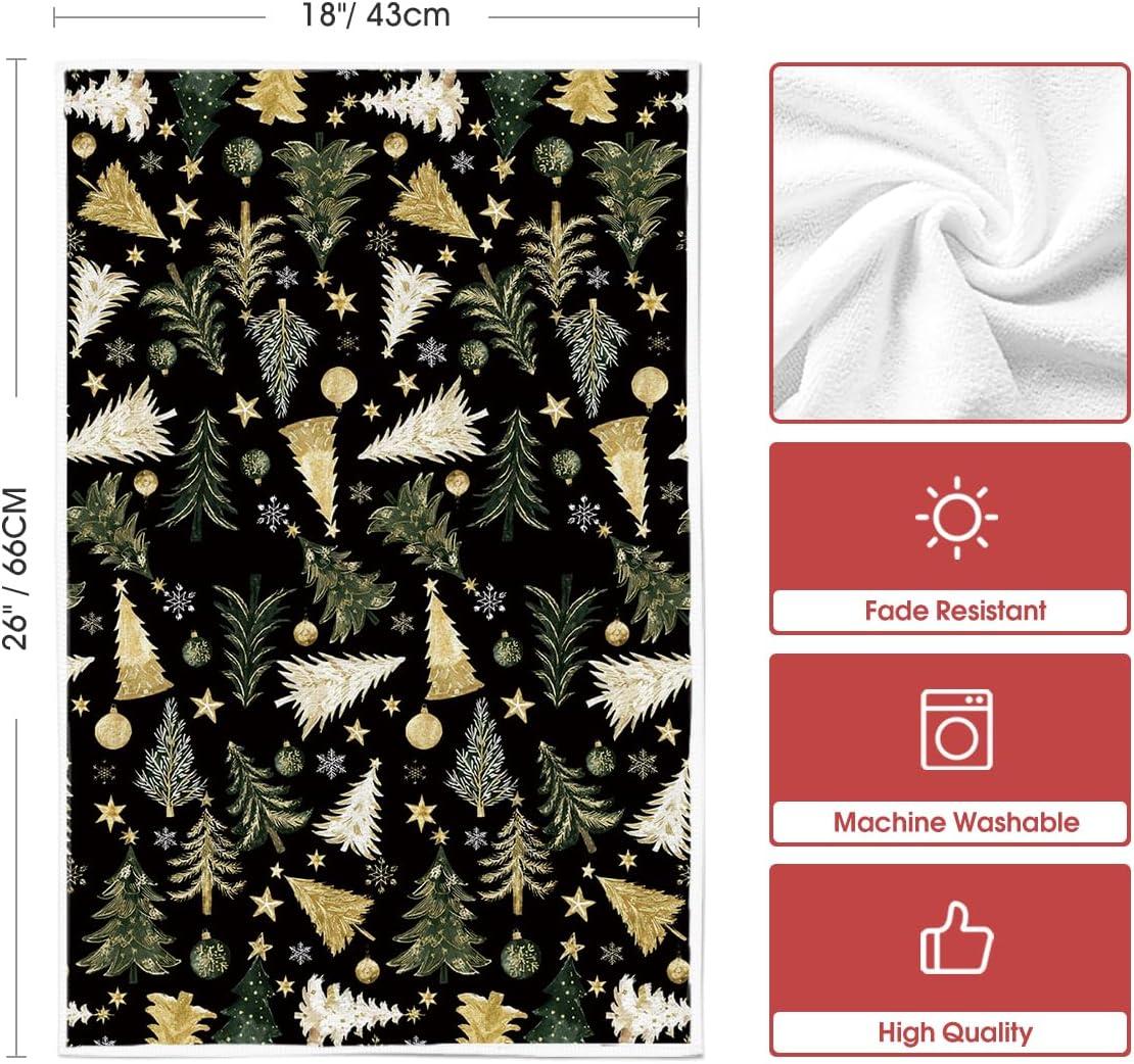 image:imageArtoid Mode Black Golden Xmas Tree Merry Christmas Kitchen Towels Dish Towels 18x26 Inch Farmhouse Ornaments Winter Decoration Cleaning Set of 2