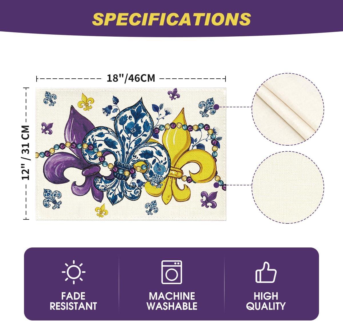 image:imageArtoid Mode Blue and White Iris Mardi Gras Spring Placemats Set of 4 12x18 Inch Seasonal Spring Holiday Table Mats for Party Kitchen Dining Decoration