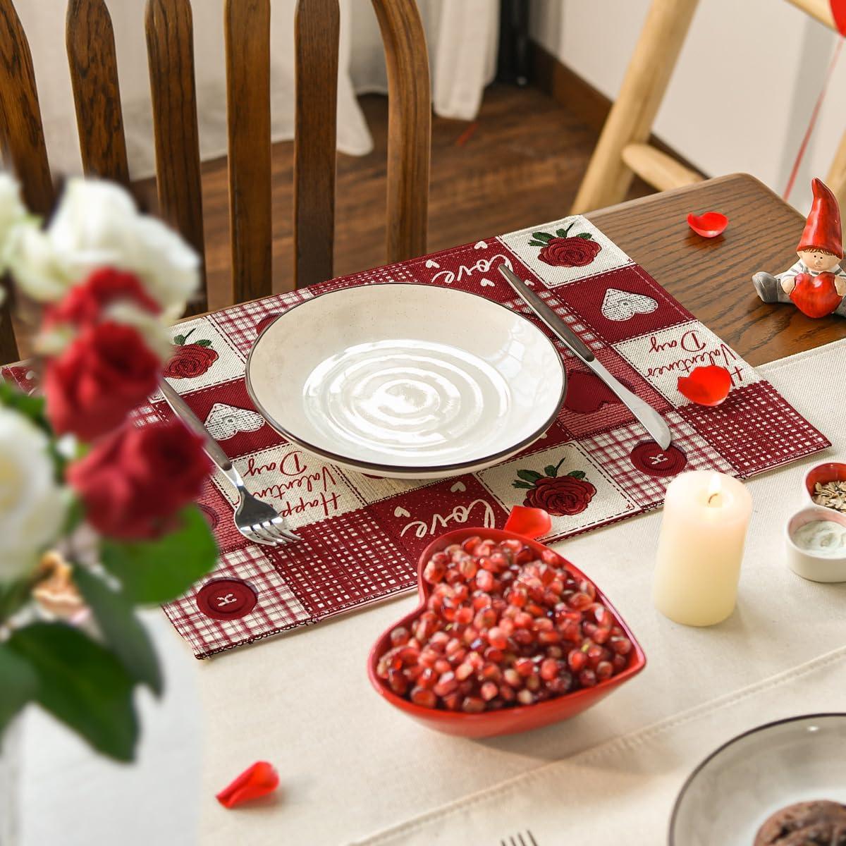 image:imageArtoid Mode Buffalo Plaid Love Hearts Valentine Placemats Set of 4 12x18 Inch Anniversary Wedding Table Mats for Party Kitchen Dining Decoration