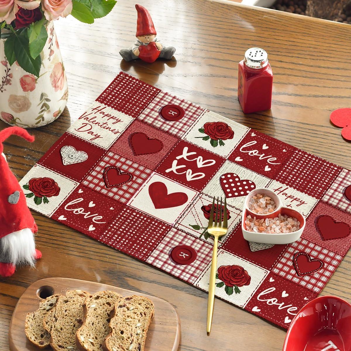 image:imageArtoid Mode Buffalo Plaid Love Hearts Valentine Placemats Set of 4 12x18 Inch Anniversary Wedding Table Mats for Party Kitchen Dining Decoration