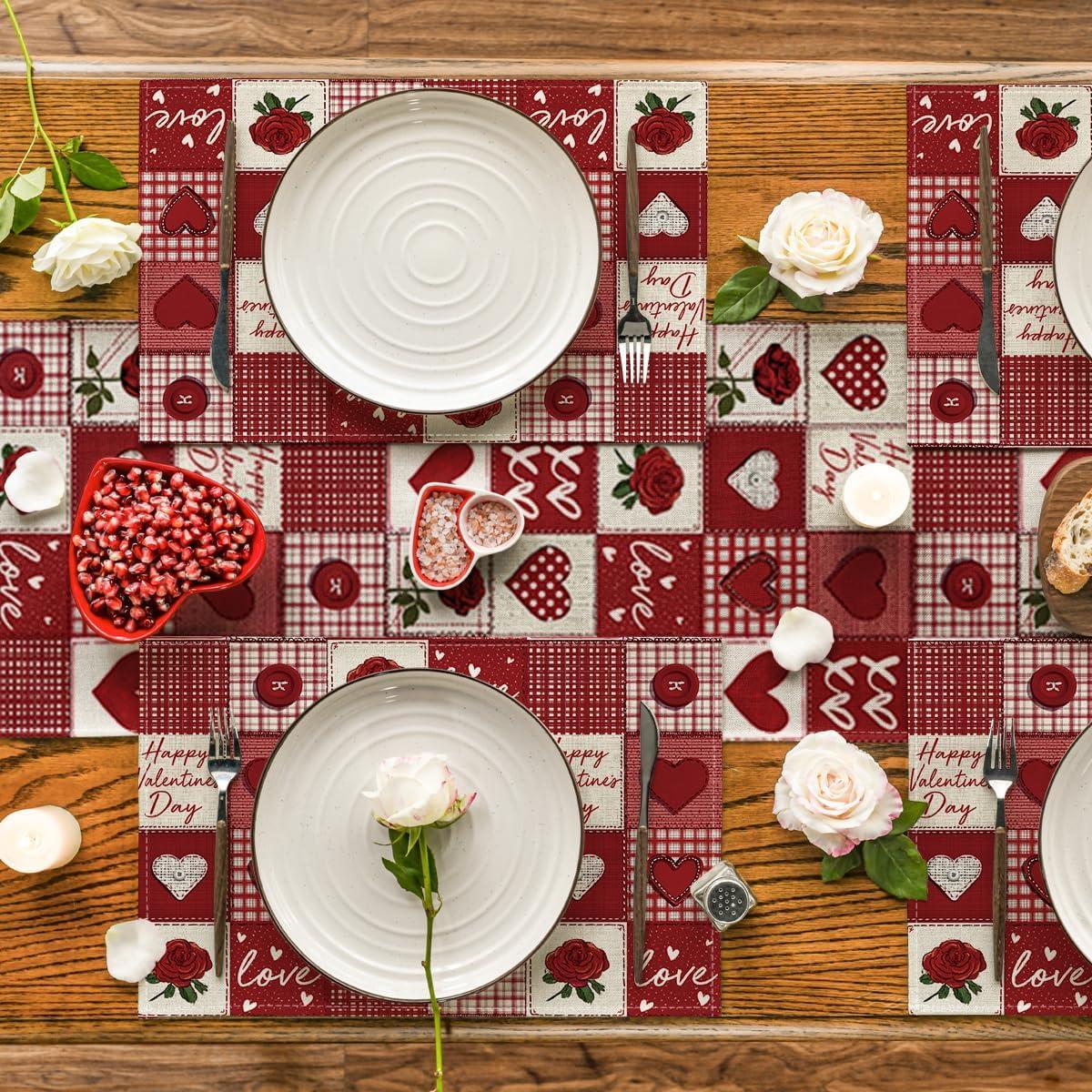 image:imageArtoid Mode Buffalo Plaid Love Hearts Valentine Placemats Set of 4 12x18 Inch Anniversary Wedding Table Mats for Party Kitchen Dining Decoration