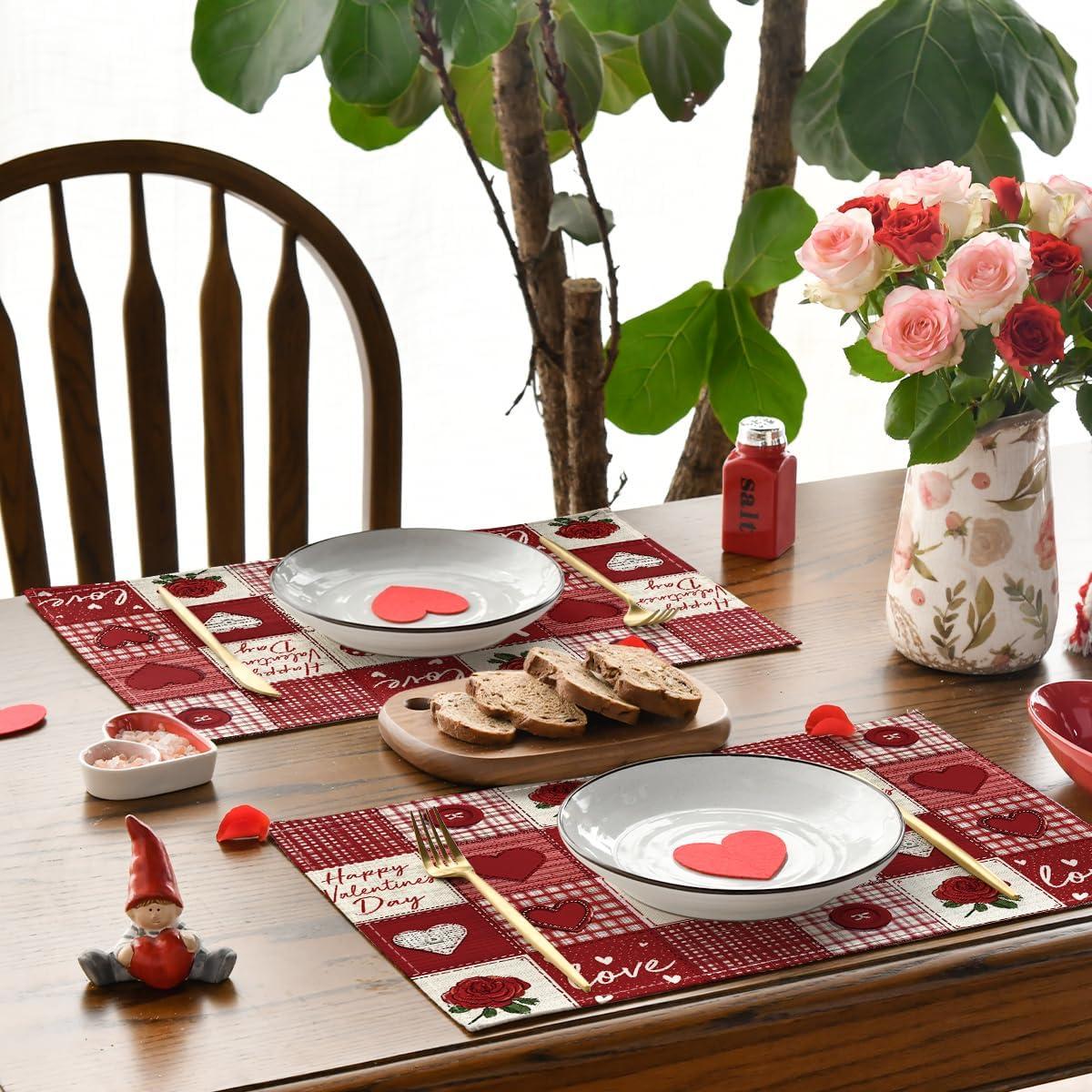 image:imageArtoid Mode Buffalo Plaid Love Hearts Valentine Placemats Set of 4 12x18 Inch Anniversary Wedding Table Mats for Party Kitchen Dining Decoration