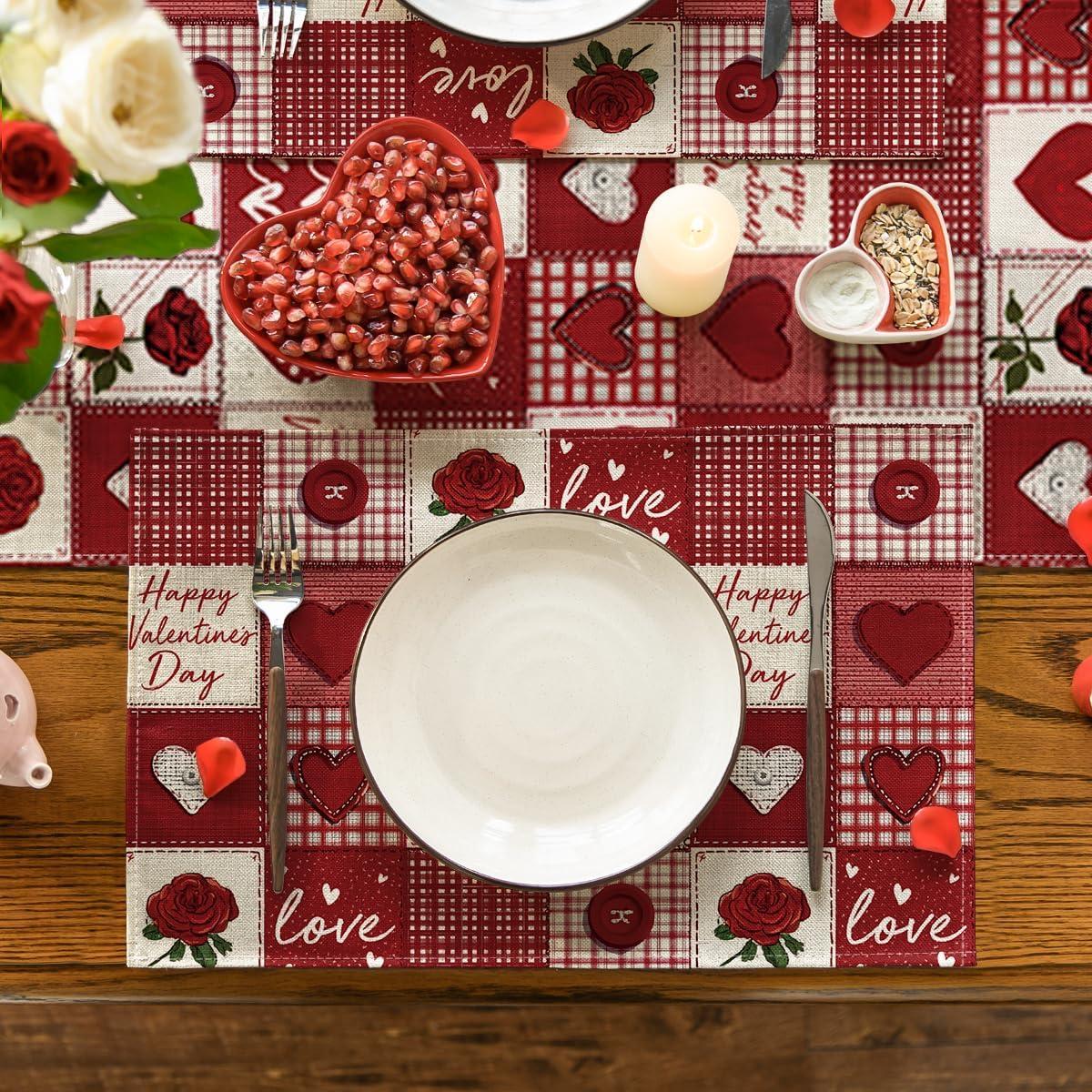 image:imageArtoid Mode Buffalo Plaid Love Hearts Valentine Placemats Set of 4 12x18 Inch Anniversary Wedding Table Mats for Party Kitchen Dining Decoration