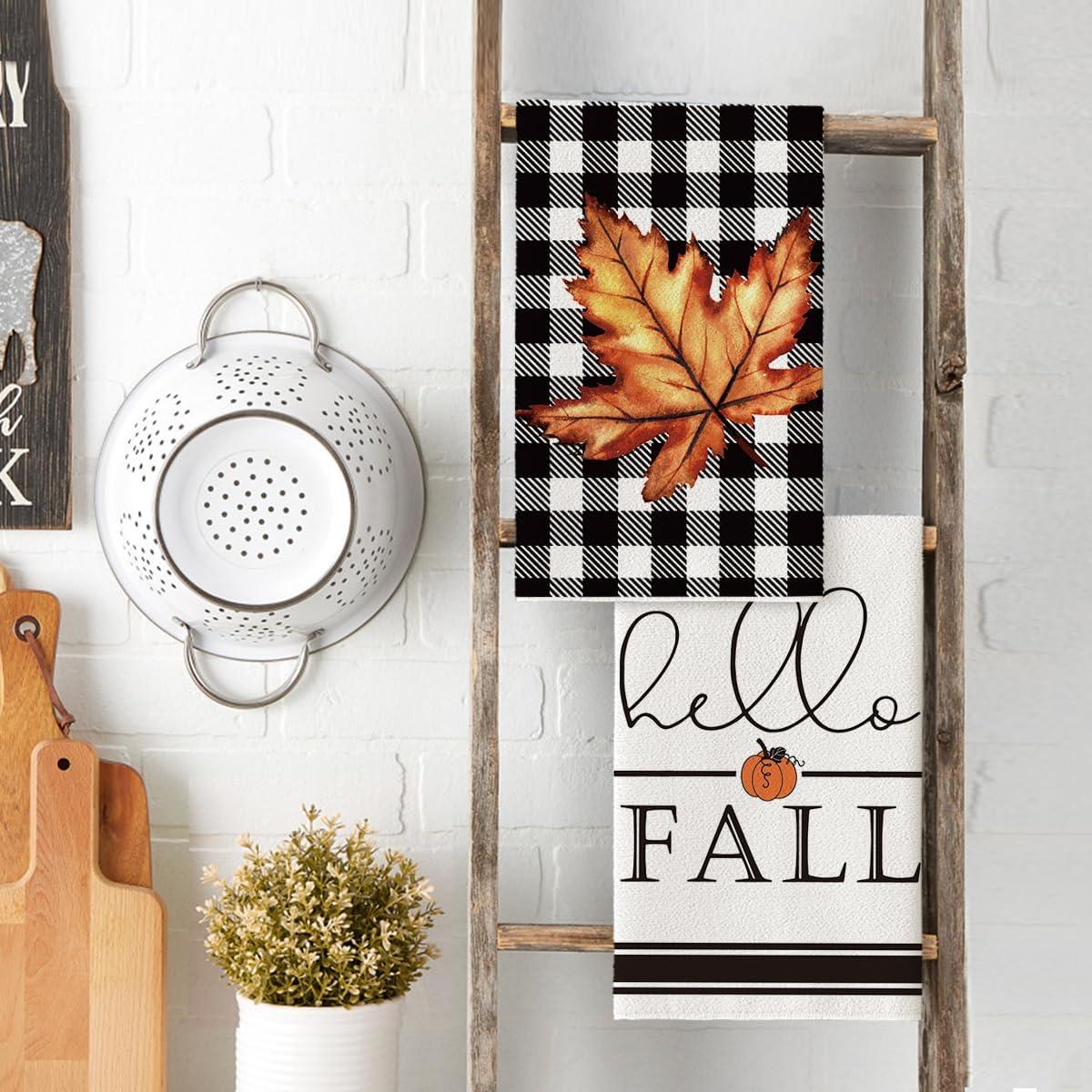 image:imageArtoid Mode Buffalo Plaid Pumpkin Hello Fall Kitchen Towels Dish Towels 18x26 Inch Decoration Hand Towels Set of 4Black
