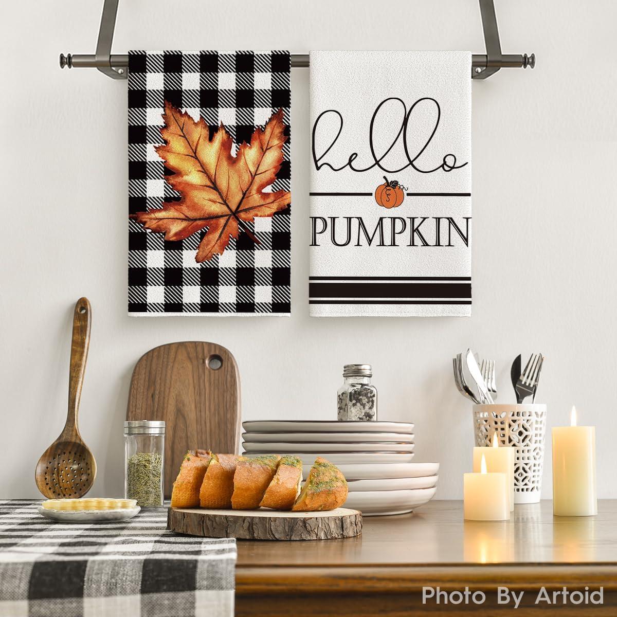 image:imageArtoid Mode Buffalo Plaid Pumpkin Hello Fall Kitchen Towels Dish Towels 18x26 Inch Decoration Hand Towels Set of 4Black