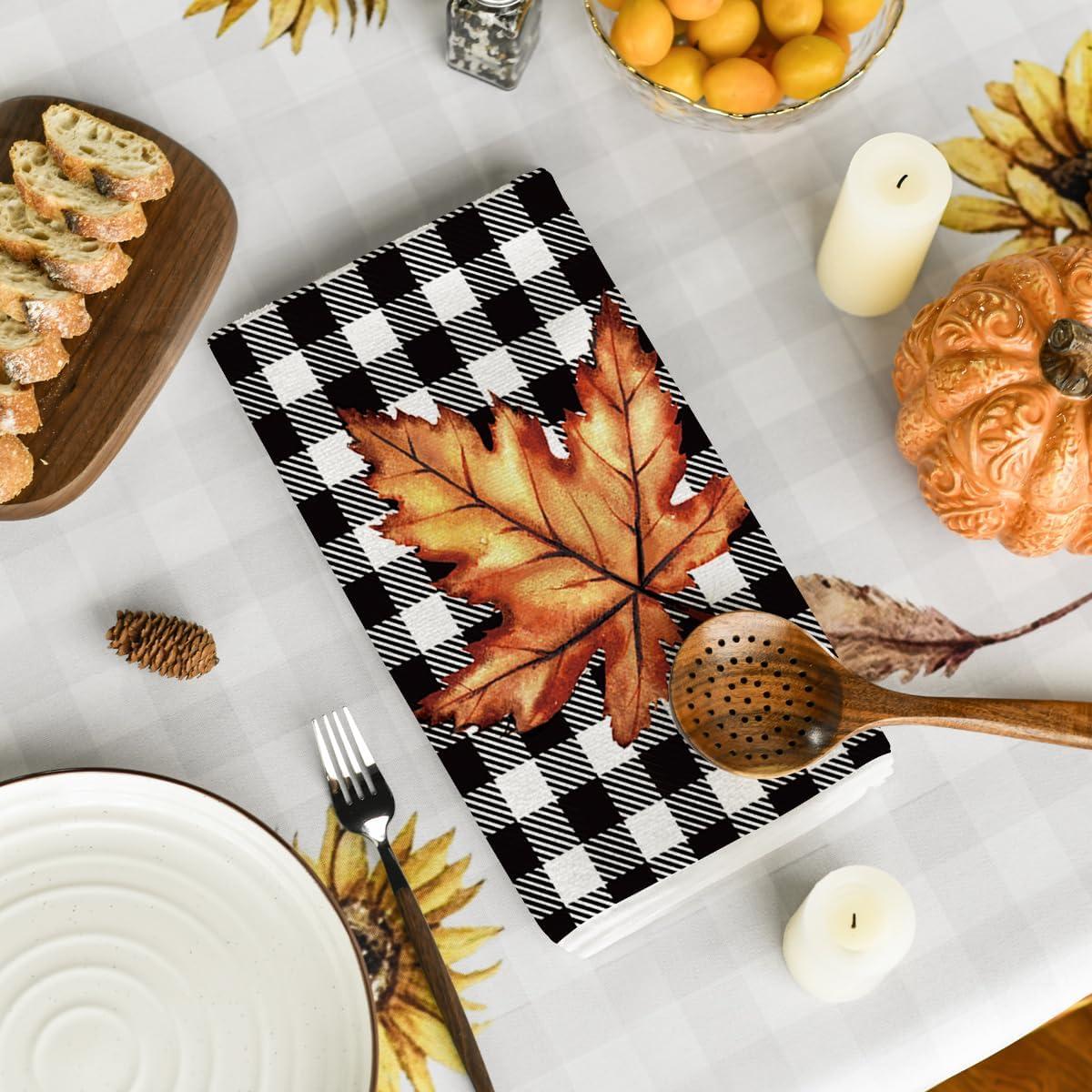 image:imageArtoid Mode Buffalo Plaid Pumpkin Hello Fall Kitchen Towels Dish Towels 18x26 Inch Decoration Hand Towels Set of 4Black