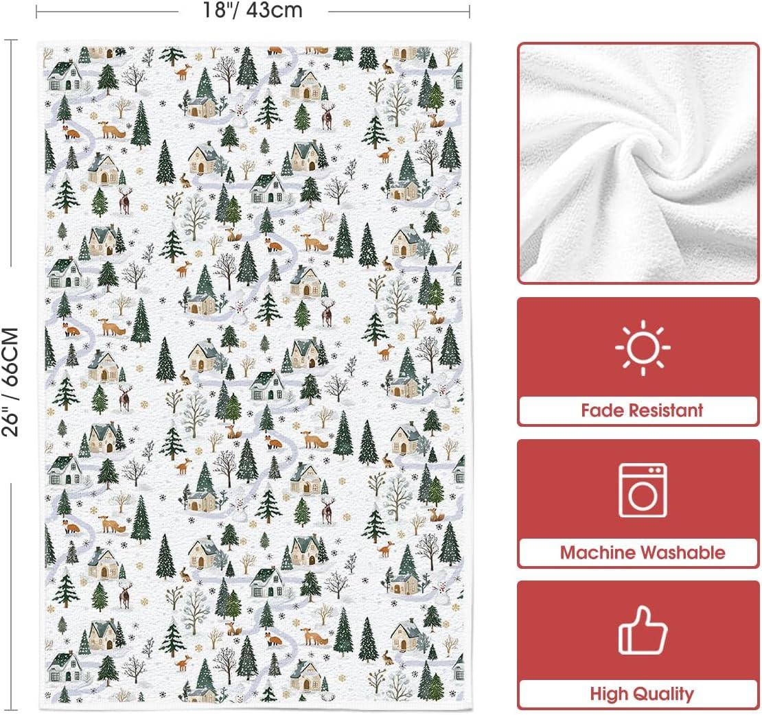 image:imageArtoid Mode Fox Snowman Xmas Tree Christmas Kitchen Towels Dish Towels 18x26 Inch Farmhouse Snowflake Winter Decoration Cleaning Set of 2