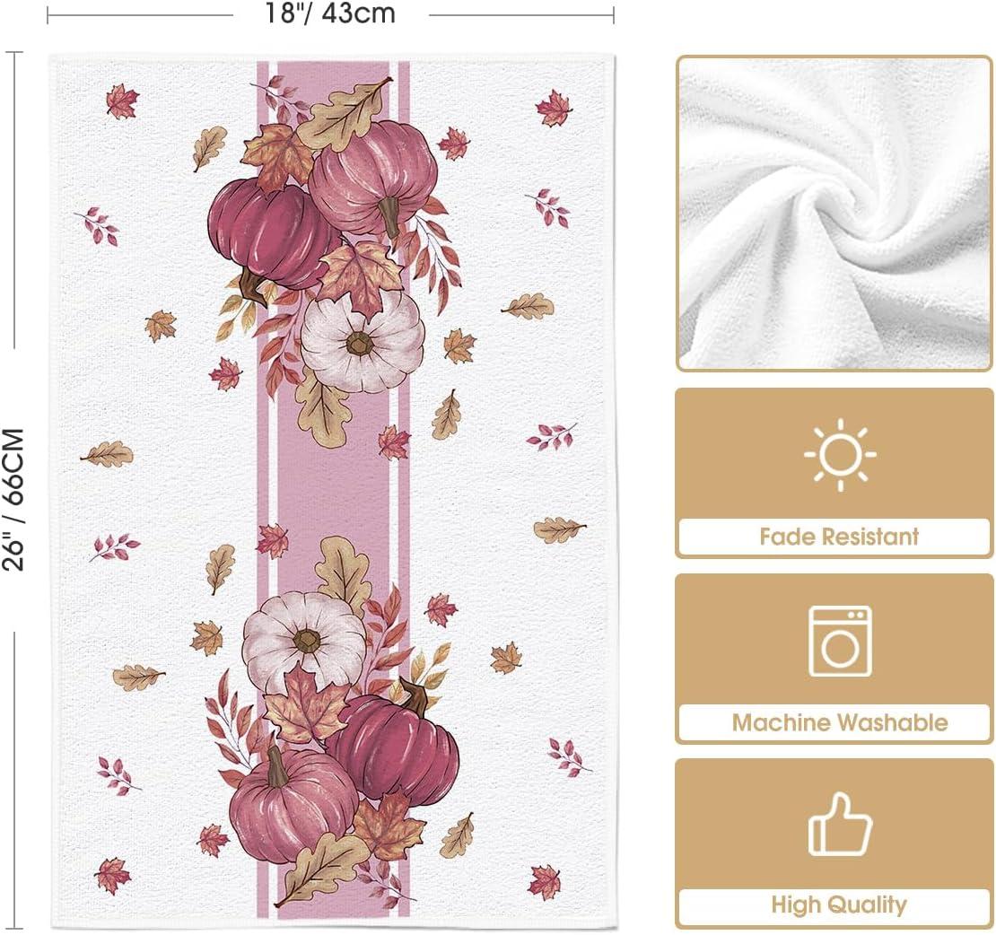image:imageArtoid Mode Pink Stripes Pumpkin Happy Fall Kitchen Towels Dish Towels 18x26 Inch Farmhouse Maple Leaves Decoration Hand Towels Set of 2Pink