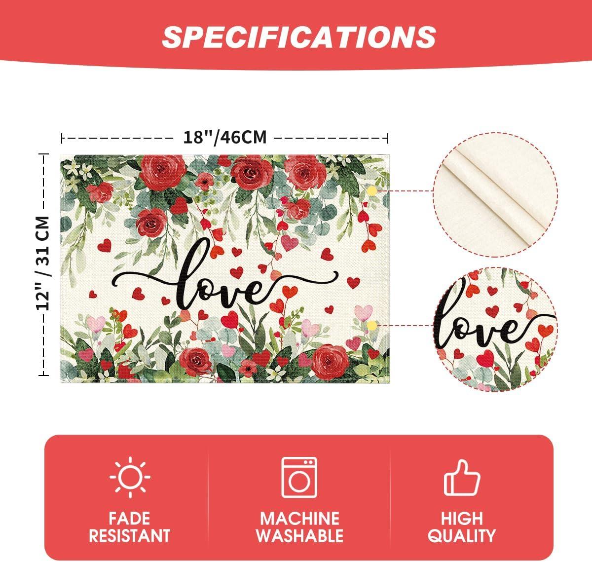 image:imageArtoid Mode Rose Hearts Love Valentines Placemats Set of 4 12x18 Inch Wedding Anniversary Spring Table Mats for Party Dining Decoration