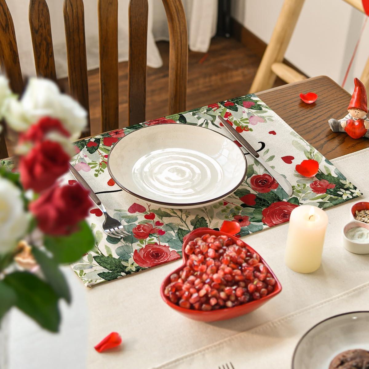 image:imageArtoid Mode Rose Hearts Love Valentines Placemats Set of 4 12x18 Inch Wedding Anniversary Spring Table Mats for Party Dining Decoration