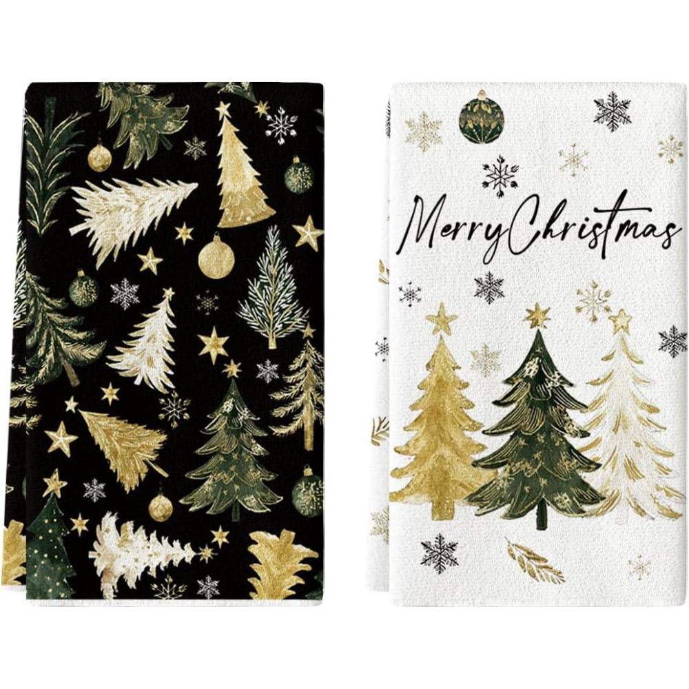 image:imageArtoid Mode Black Golden Xmas Tree Merry Christmas Kitchen Towels Dish Towels 18x26 Inch Farmhouse Ornaments Winter Decoration Cleaning Set of 2