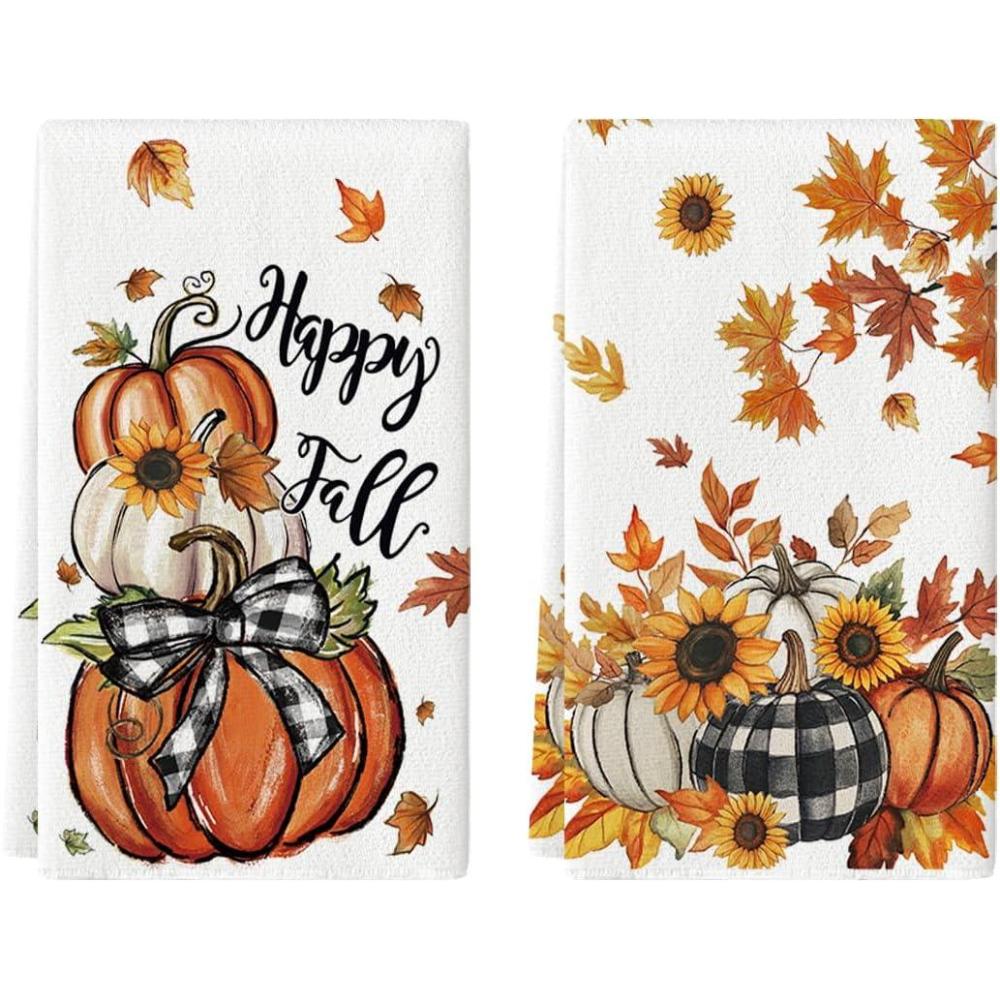 image:imageArtoid Mode Buffalo Plaid Bowknot Pumpkin Fall Kitchen Towels Dish Towels 18x26 Inch Farmhouse Maple Leaves Decoration Hand Towels Set of 2