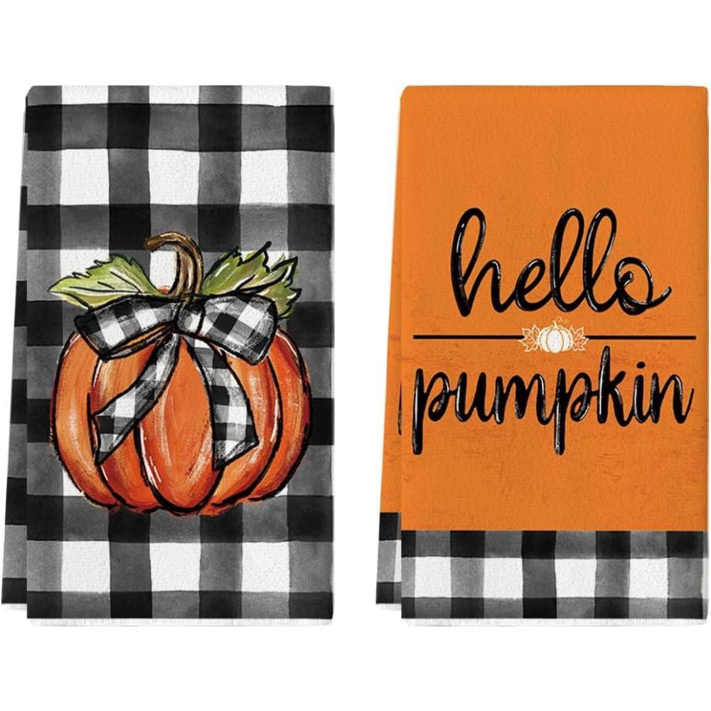 image:imageArtoid Mode Buffalo Plaid Hello Pumpkin Fall Kitchen Towels Dish Towels 18x26 Inch Farmhouse Thanksgiving Decoration Hand Towels Set of 2