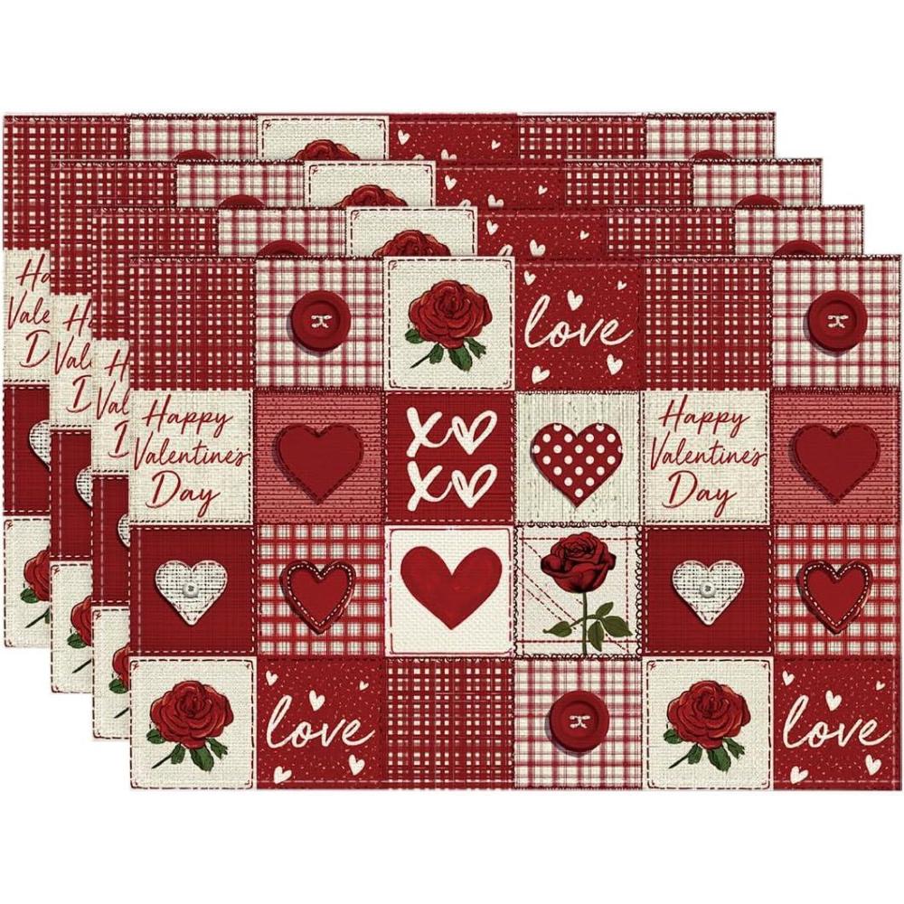 image:imageArtoid Mode Buffalo Plaid Love Hearts Valentine Placemats Set of 4 12x18 Inch Anniversary Wedding Table Mats for Party Kitchen Dining Decoration