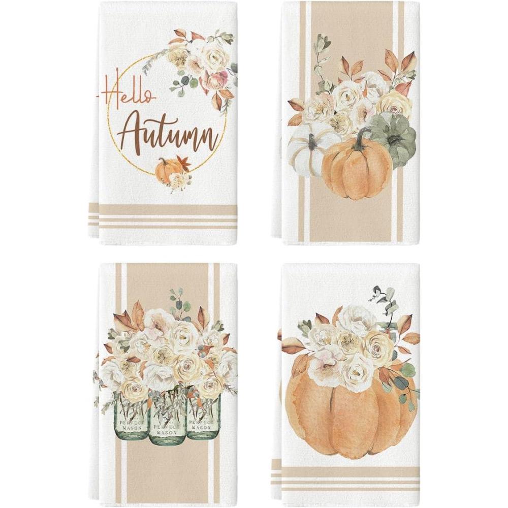 image:imageArtoid Mode Fall Pumpkin Flower Vases Kitchen Towels Dish Towels 18x26 Inch Seasonal Autumn Thanksgiving Ultra Absorbent Bar Tea Hand Towel Set of 4