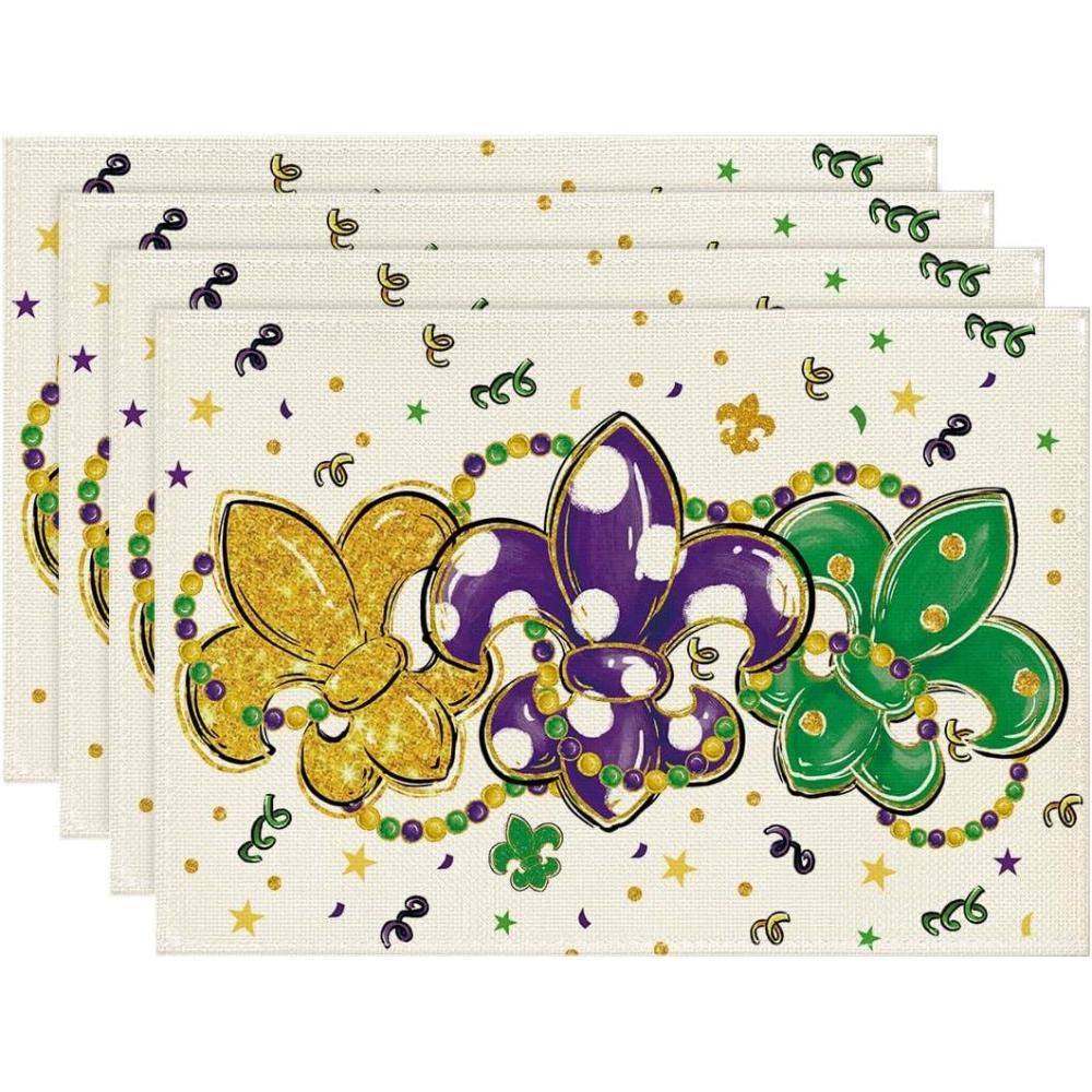 image:imageArtoid Mode Fleur De Lis Carnival Mardi Gras Placemats Set of 4 12x18 Inch Seasonal Spring Holiday Table Mats for Party Kitchen Dining DecorationBeige