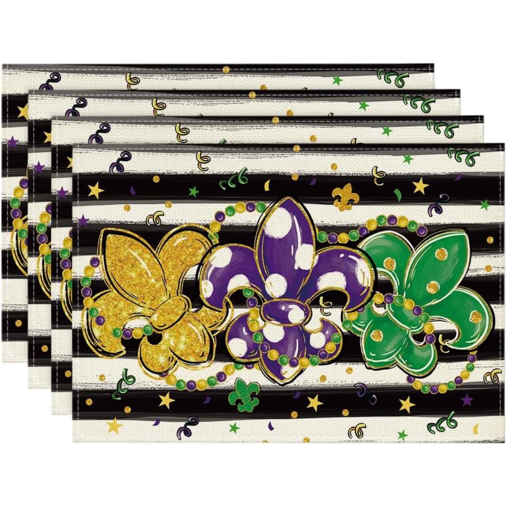 image:imageArtoid Mode Fleur De Lis Carnival Mardi Gras Placemats Set of 4 12x18 Inch Seasonal Spring Holiday Table Mats for Party Kitchen Dining DecorationBlack