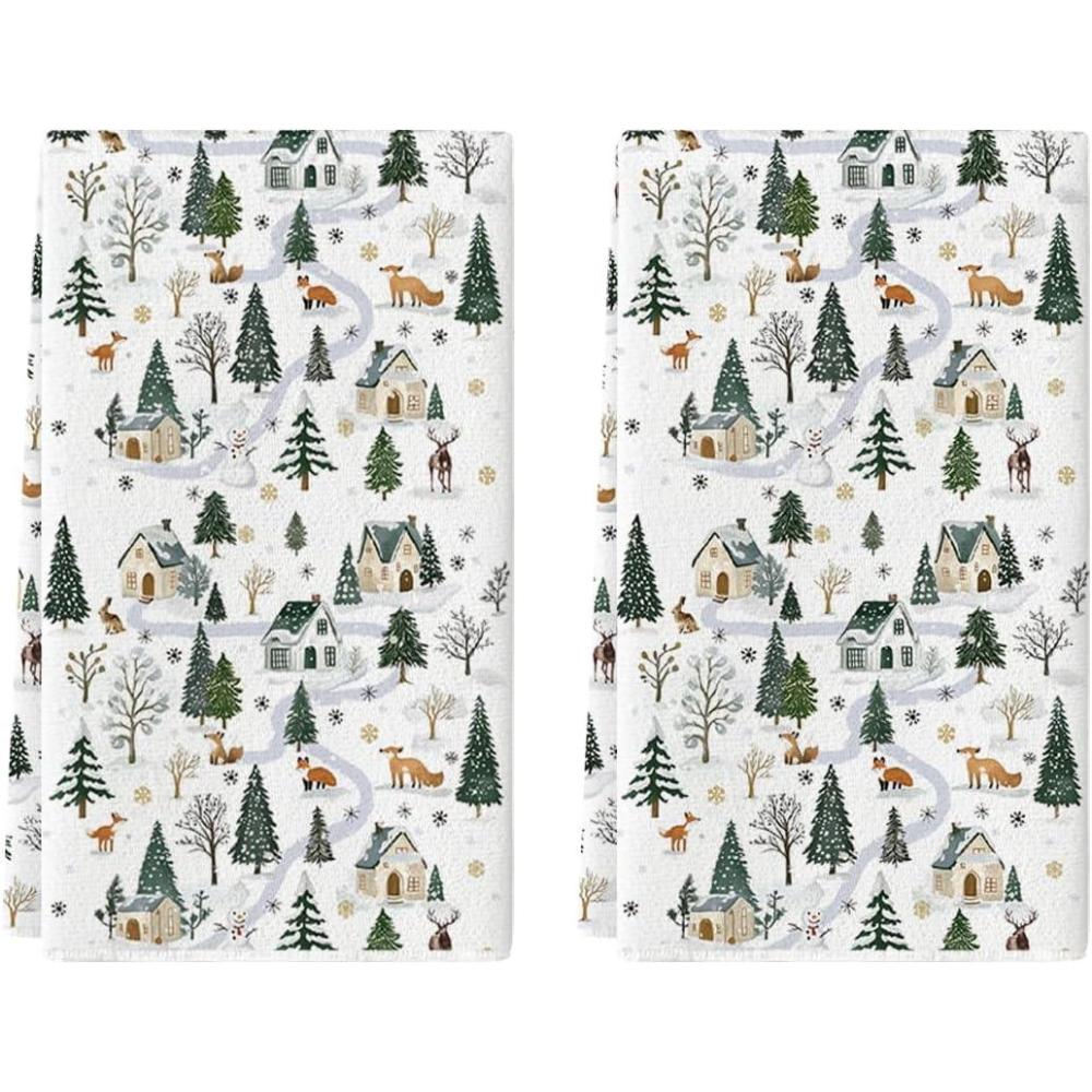 image:imageArtoid Mode Fox Snowman Xmas Tree Christmas Kitchen Towels Dish Towels 18x26 Inch Farmhouse Snowflake Winter Decoration Cleaning Set of 2