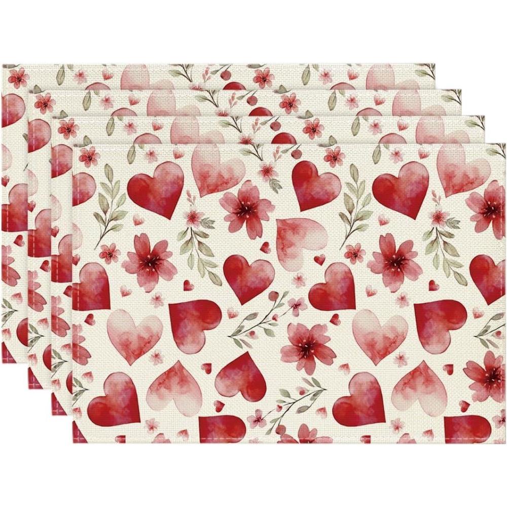 image:imageArtoid Mode Hearts Floral Sweet Valentines Placemats Set of 4 12x18 Inch Wedding Anniversary Spring Table Mats for Party Dining Decoration