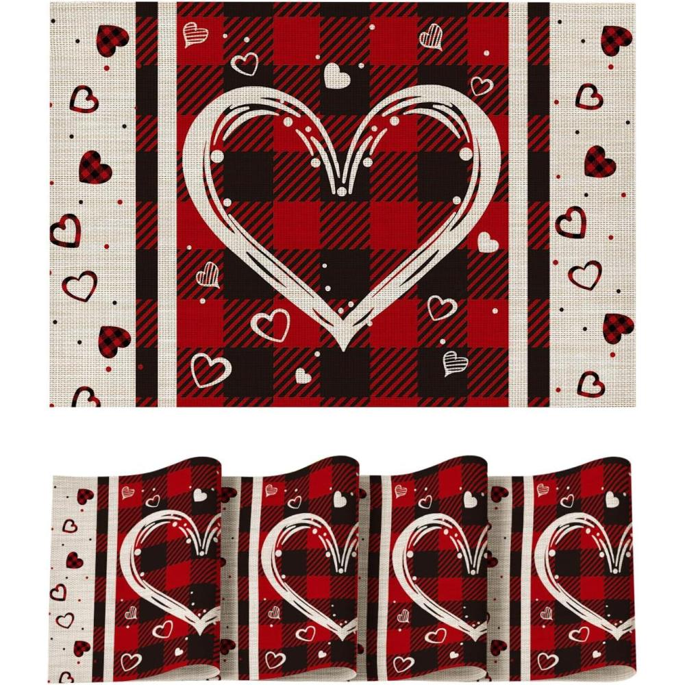 image:imageArtoid Mode Hearts Vinyl Valentines Day Placemats Set of 4 12x18 Inch Wipeable NonSlip PVC Place Mats for Party Kitchen Dining DecorRed