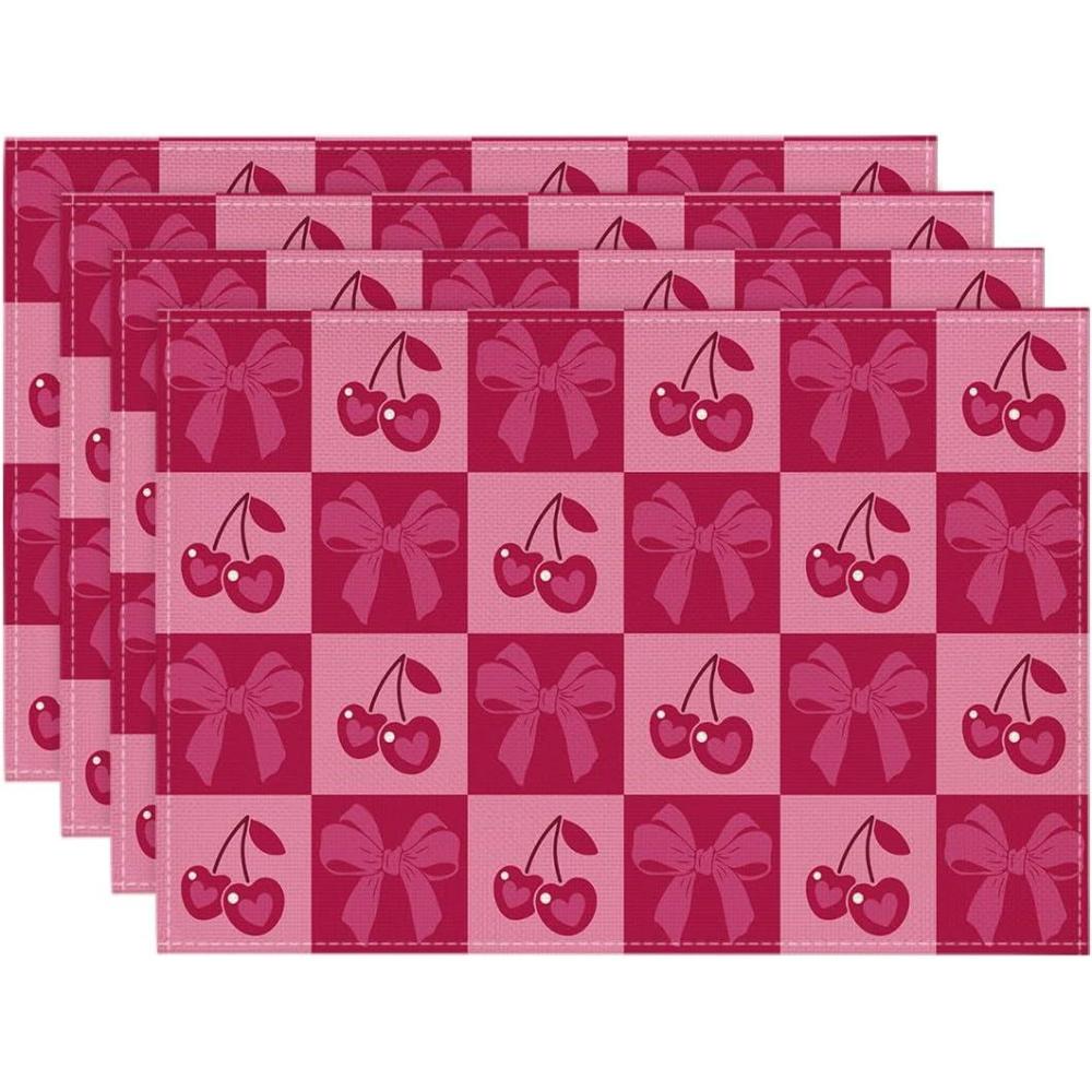 image:imageArtoid Mode Pink Buffalo Plaid Cherry Bows Valentine Placemats Set of 4 12x18 Inch Anniversary Table Mats for Party Kitchen Dining Decoration