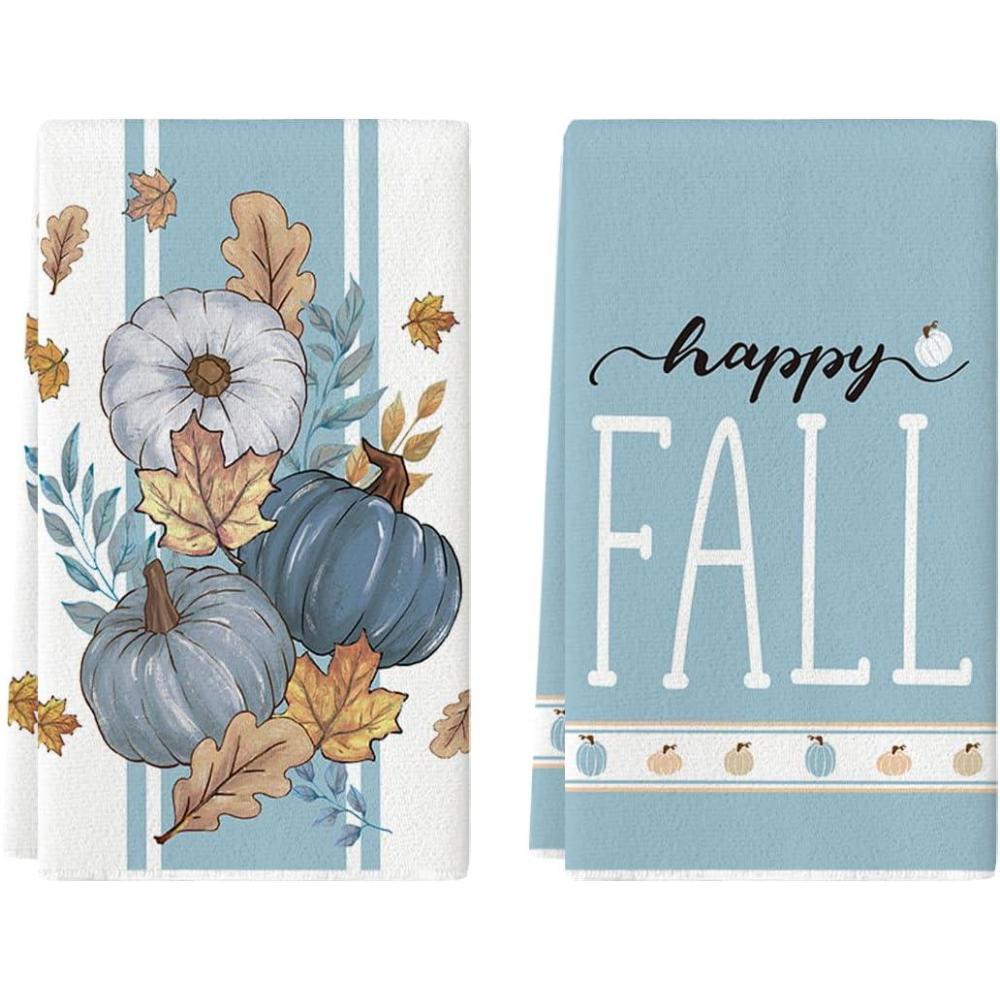 image:imageArtoid Mode Pink Stripes Pumpkin Happy Fall Kitchen Towels Dish Towels 18x26 Inch Farmhouse Maple Leaves Decoration Hand Towels Set of 2Blue