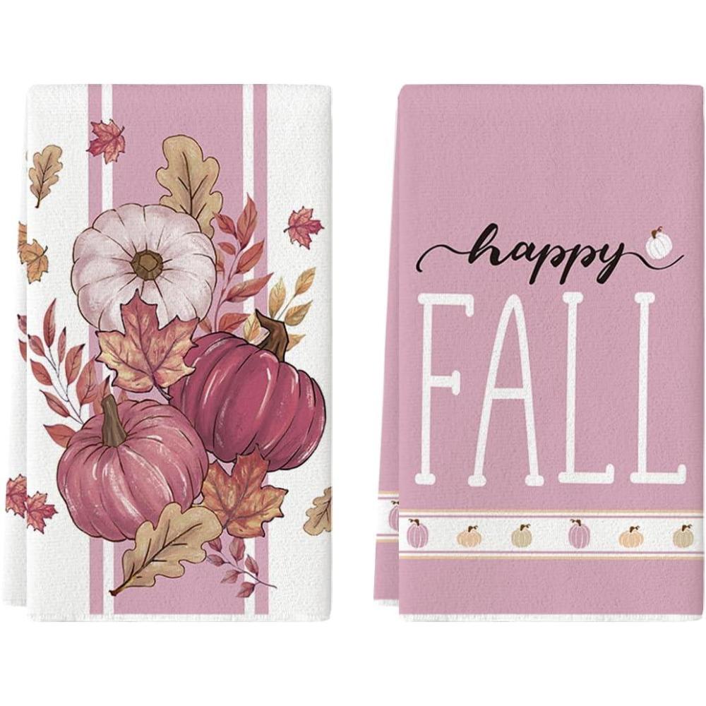 image:imageArtoid Mode Pink Stripes Pumpkin Happy Fall Kitchen Towels Dish Towels 18x26 Inch Farmhouse Maple Leaves Decoration Hand Towels Set of 2Pink