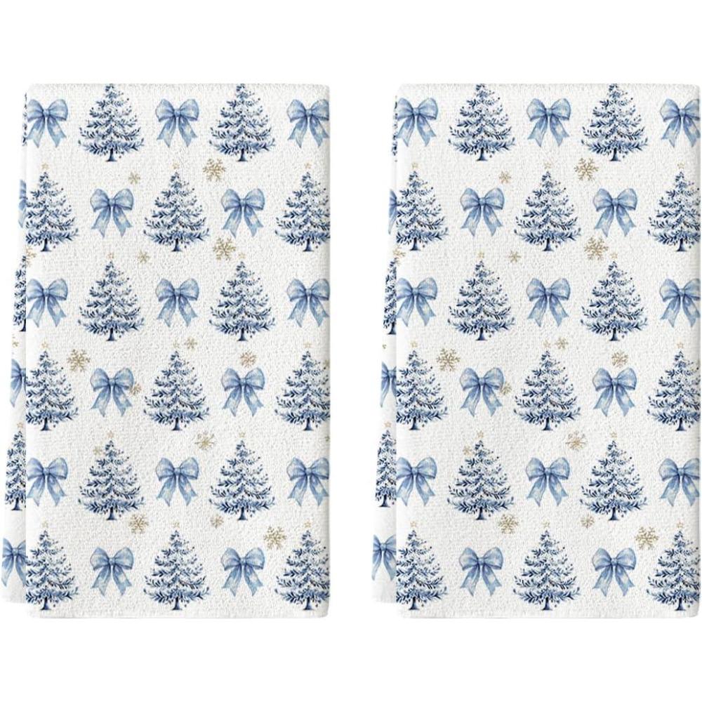 image:imageArtoid Mode Red Bowknot Xmas Tree Christmas Kitchen Towels Dish Towels 18x26 Inch Farmhouse Snowflake Winter Decoration Cleaning Set of 2Blue