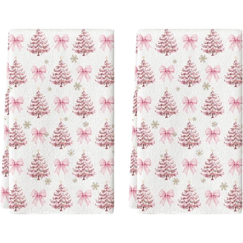 image:imageArtoid Mode Red Bowknot Xmas Tree Christmas Kitchen Towels Dish Towels 18x26 Inch Farmhouse Snowflake Winter Decoration Cleaning Set of 2Pink