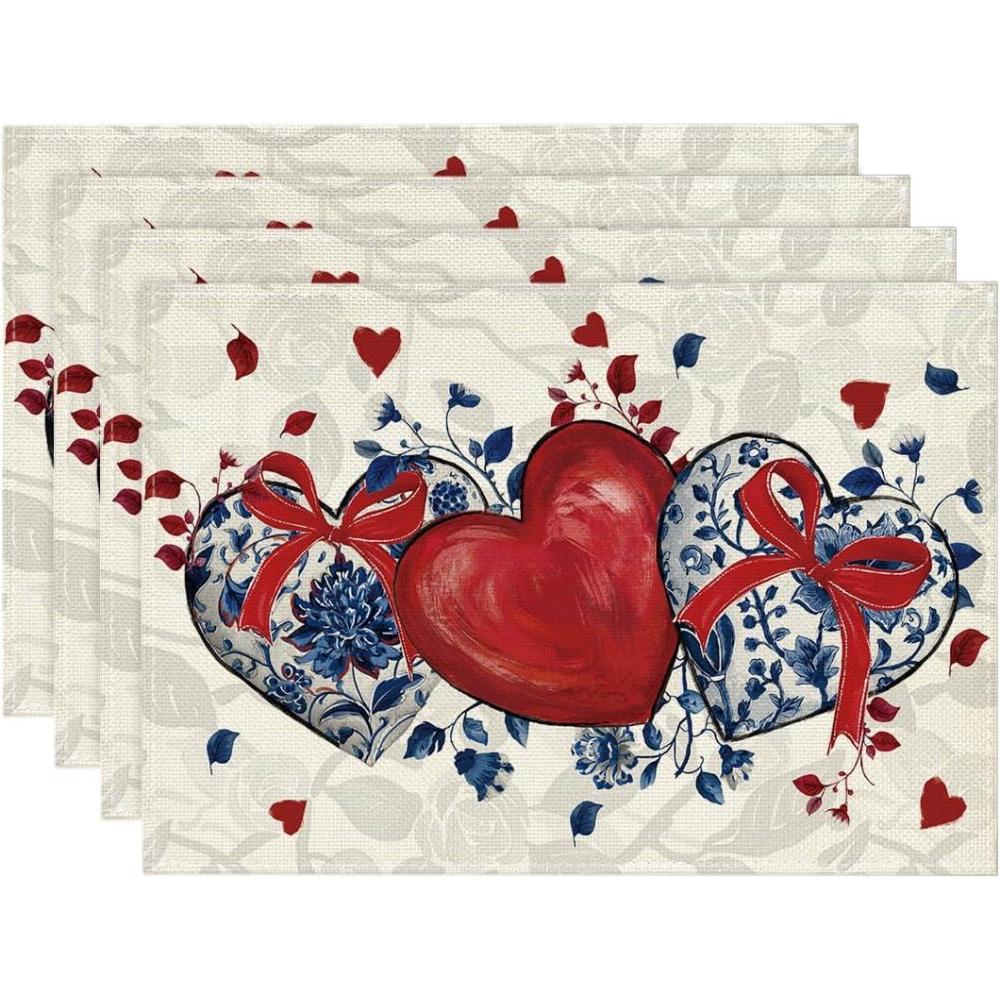 image:imageArtoid Mode Red Heart Love Valentine Placemats Set of 4 12x18 Inch Wedding Anniversary Table Mats for Party Kitchen Dining Decoration