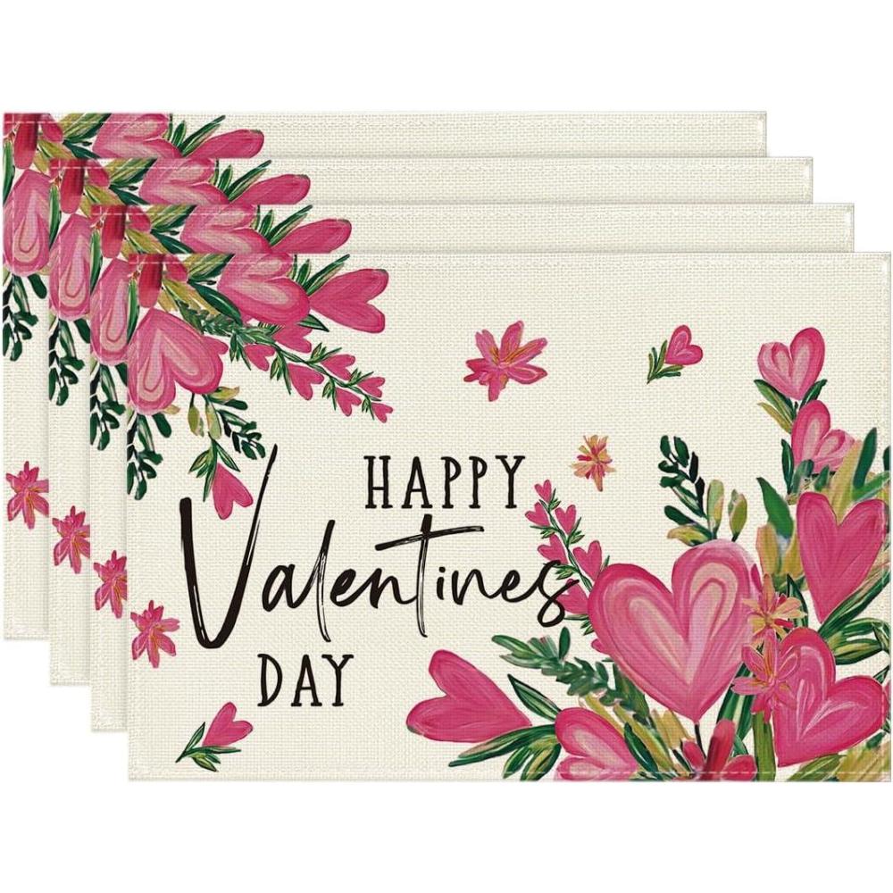 image:imageArtoid Mode Red Hearts Love Happy Valentines Placemats Set of 4 12x18 Inch Wedding Couple Anniversary Table Mats for Party Dining DecorationPink