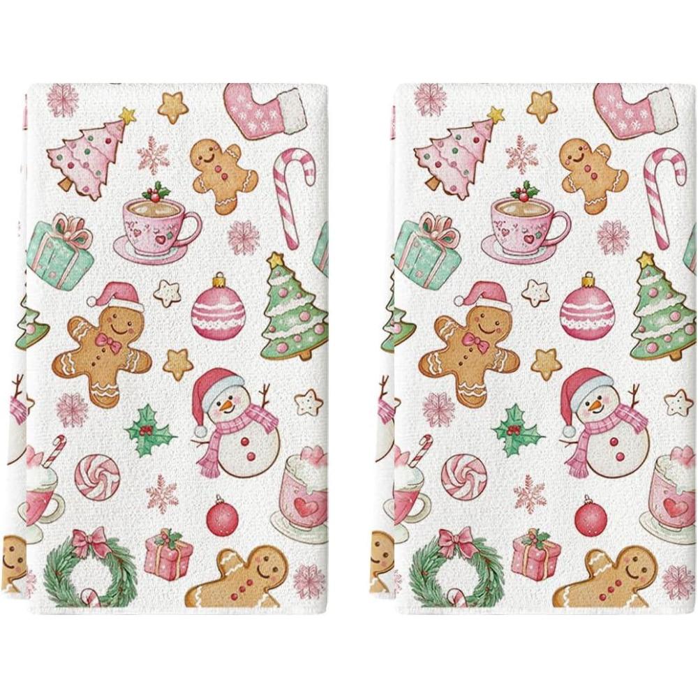 image:imageArtoid Mode Red Snowman Xmas Tree Gingerbread Christmas Kitchen Towels Dish Towels 18x26 Inch Farmhouse Candy Winter Decoration Cleaning Set of 2Pink