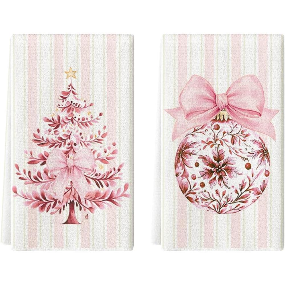 image:imageArtoid Mode Red Stripe Xmas Tree Christmas Kitchen Towels Dish Towels 18x26 Inch Farmhouse Ornaments Winter Decoration Cleaning Set of 2Pink
