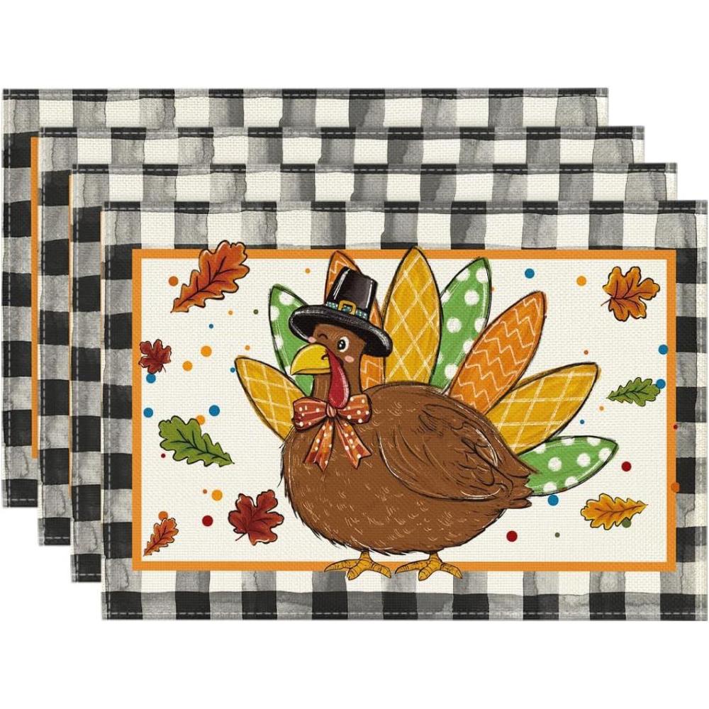image:imageArtoid Mode Turkey Thanksgiving Placemats Set of 4 12x18 Inch Fall Harvest Buffalo Plaid Table Mats for Party Kitchen Dining Decoration
