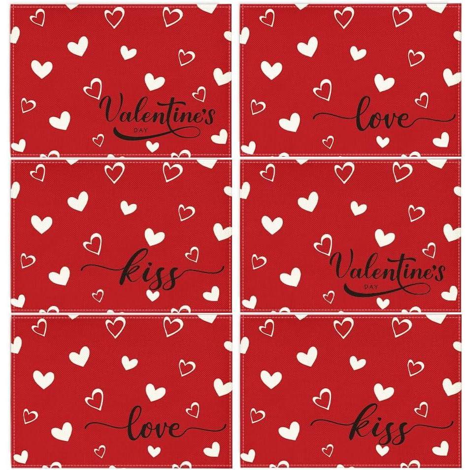 image:imageArtoid Mode White Red Heart Valentine Placemats Set of 6 12x18 Inch Wedding Anniversary Table Mats for Party Kitchen Dining Decoration