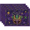 Artoid Mode Purple Mask Beads Mardi Gras Placemats Set of 4, 12×18 Inch Seasonal Carnival Holiday Table Mats for Party Kitchen Dining Decoration(Purple)