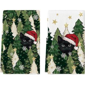 Artoid Mode Black Cat Star Xmas Tree Christmas Kitchen Towels Dish Towels, 18×26 Inch Farmhouse Holiday Winter Decoration Cleaning Set of 2