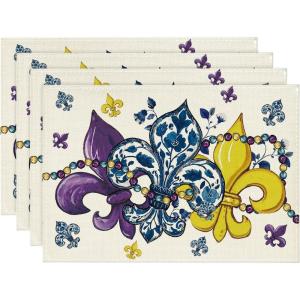 Artoid Mode Blue and White Iris Mardi Gras Spring Placemats Set of 4, 12×18 Inch Seasonal Spring Holiday Table Mats for Party Kitchen Dining Decoration