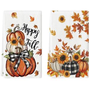 Artoid Mode Buffalo Plaid Bowknot Pumpkin Fall Kitchen Towels Dish Towels, 18×26 Inch Farmhouse Maple Leaves Decoration Hand Towels Set of 2