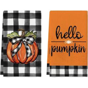 Artoid Mode Buffalo Plaid Hello Pumpkin Fall Kitchen Towels Dish Towels, 18×26 Inch Farmhouse Thanksgiving Decoration Hand Towels Set of 2